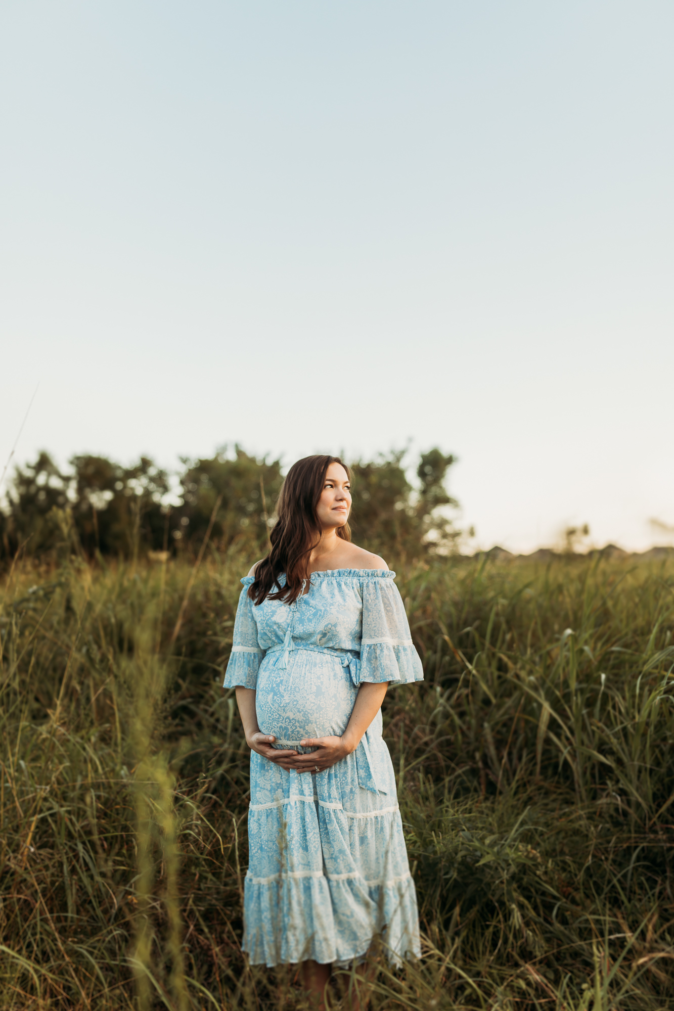 expectant mother in a field of grass wearing a blue dress as she stares off into the sky.