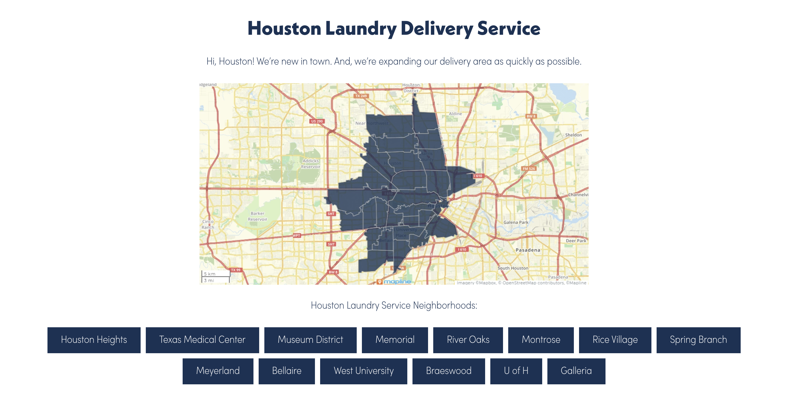 Houston area service map for Laundry Services by the Folde.