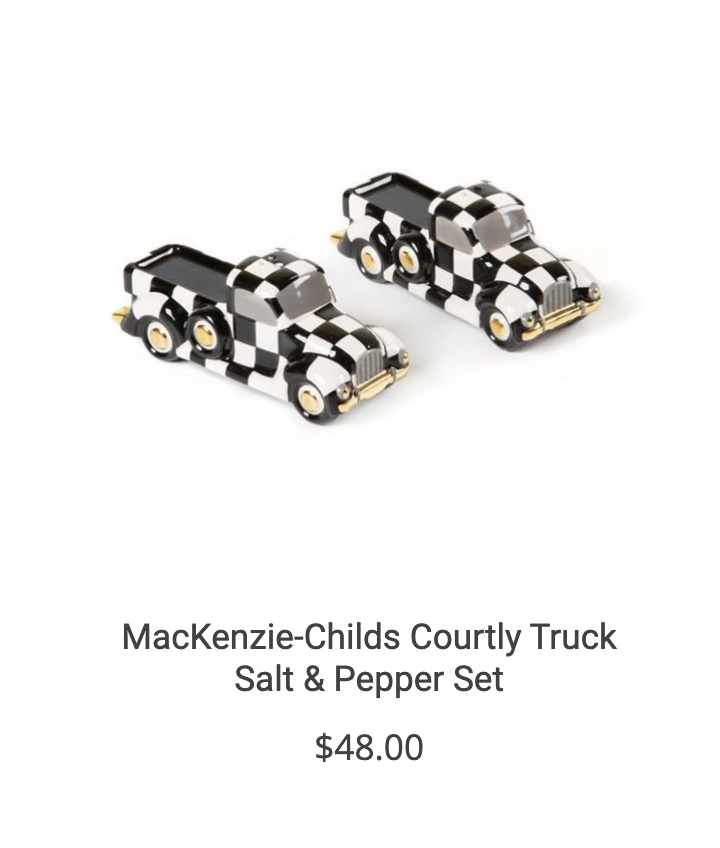 Black and white checkered salt and pepper shakers from MacKenzie Childs collection in Houston Texas.